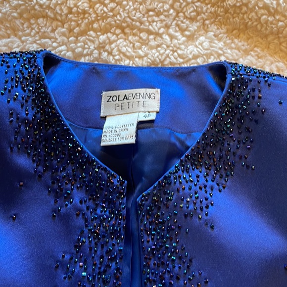 Two piece evening royal blue satin and beaded long skirt and jacket - Picture 6 of 8